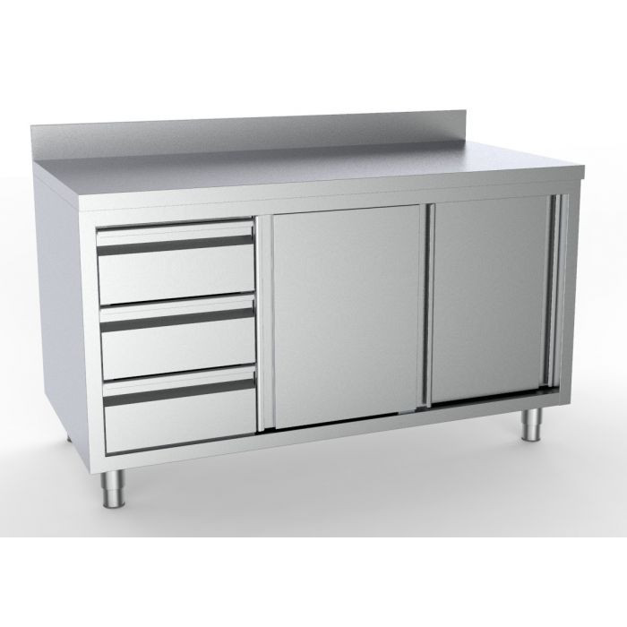 Stainless Steel Worktable With Sliding Doors, 3 Drawers & Upstand 1600mm Wide.jpg